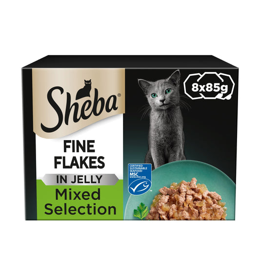 Sheba Fine Flakes Wet Cat Food Trays Chicken & Salmon Jelly 8x85g — image 1