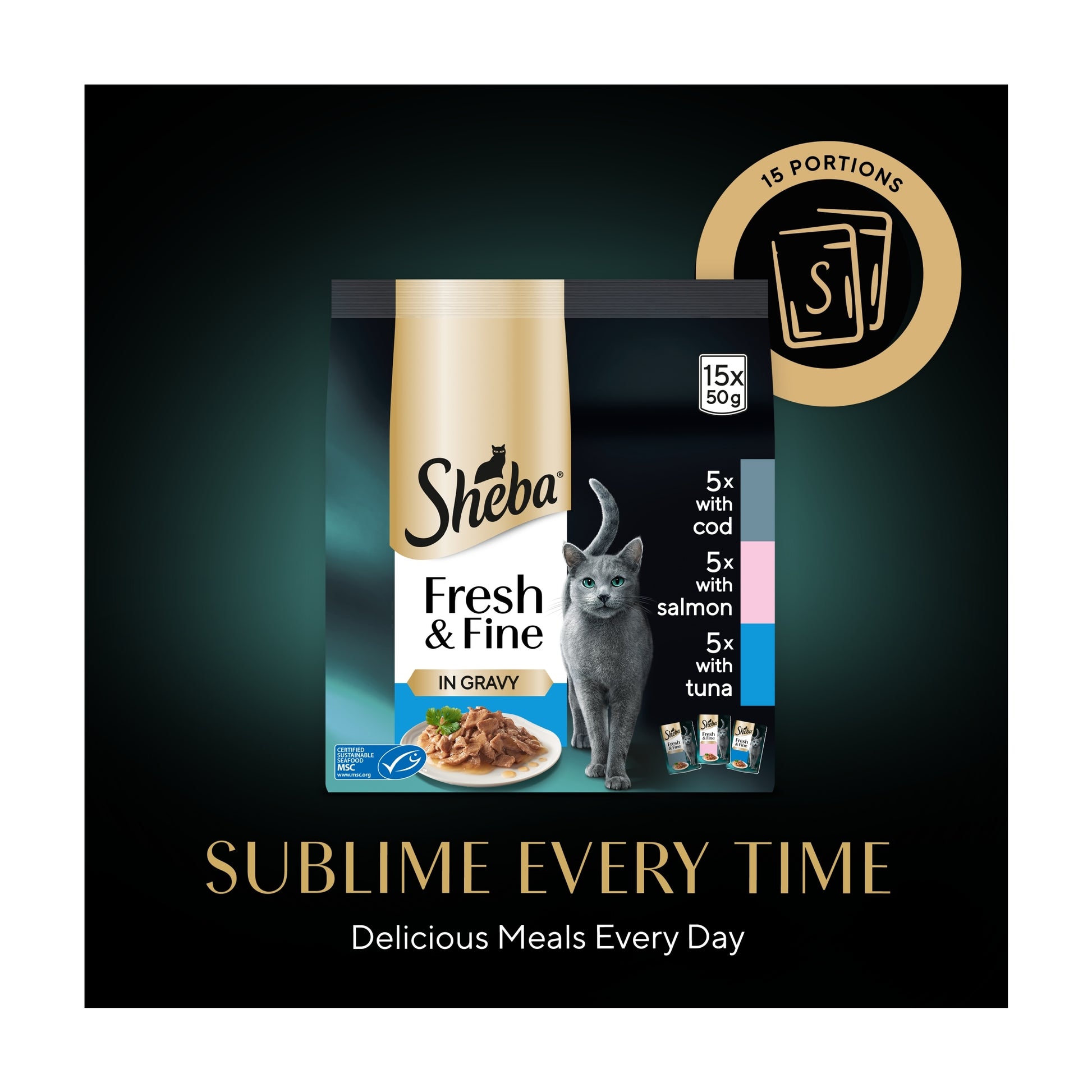 Sheba Fresh & Fine Wet Cat Food Pouches Fish in Gravy 15x50g — image 4