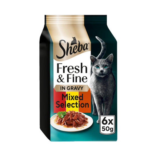 SHEBA Fresh & Fine Wet Cat Food Pouches with Beef & Chicken & Lamb in Gravy 6x50g — image 1