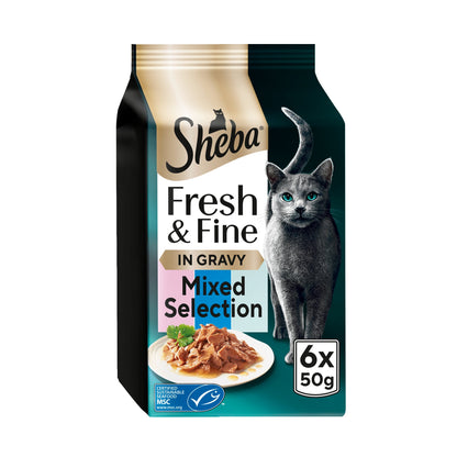 SHEBA Fresh & Fine Wet Cat Food Pouches with Salmon & Tuna & Trout in Gravy 6x50g — image 1