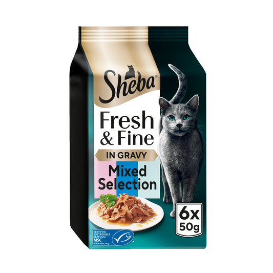 SHEBA Fresh & Fine Wet Cat Food Pouches with Salmon & Tuna & Trout in Gravy 6x50g — image 1