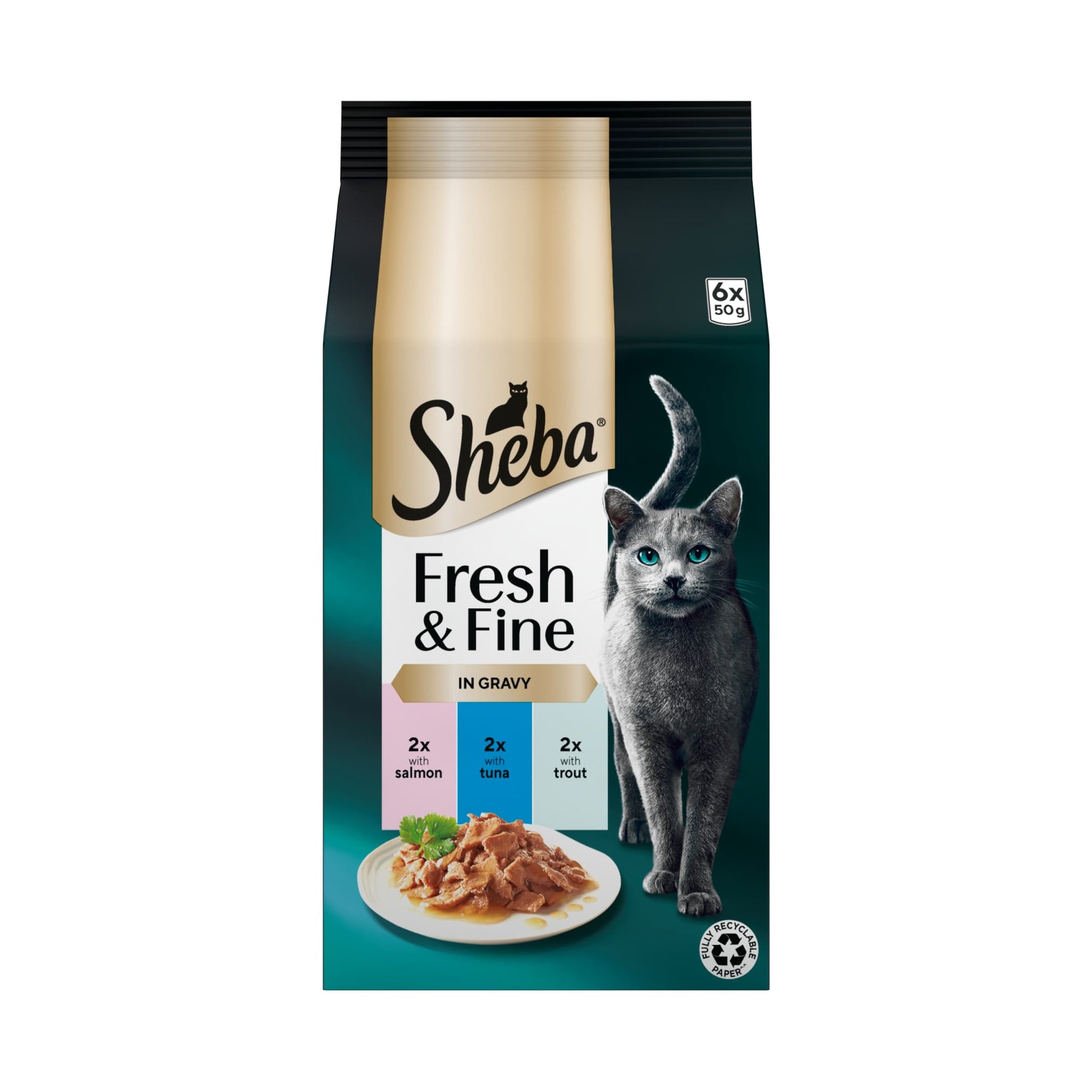 SHEBA Fresh & Fine Wet Cat Food Pouches with Salmon & Tuna & Trout in Gravy 6x50g — image 4
