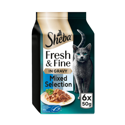 SHEBA Fresh & Fine Wet Cat Food Pouches with Tuna & Cod & Whitefish in Gravy 6x50g — image 1