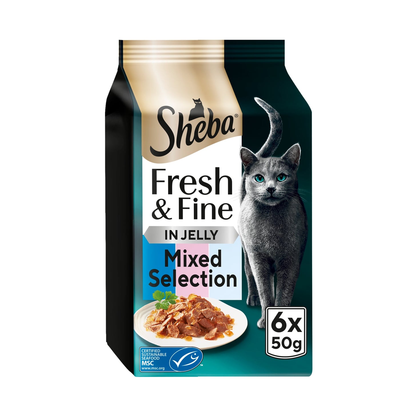 SHEBA Fresh & Fine Wet Cat Food Pouches with Tuna & Salmon & Whitefish in Jelly 6x50g — image 1