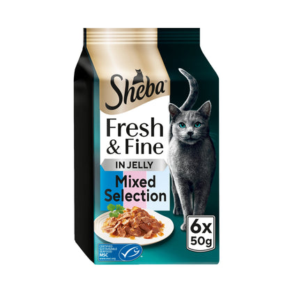 SHEBA Fresh & Fine Wet Cat Food Pouches with Tuna & Salmon & Whitefish in Jelly 6x50g — image 1