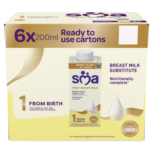 SMA First Infant Baby Milk Formula Liquid Ready to Feed from Birth 6x200ml — image 1