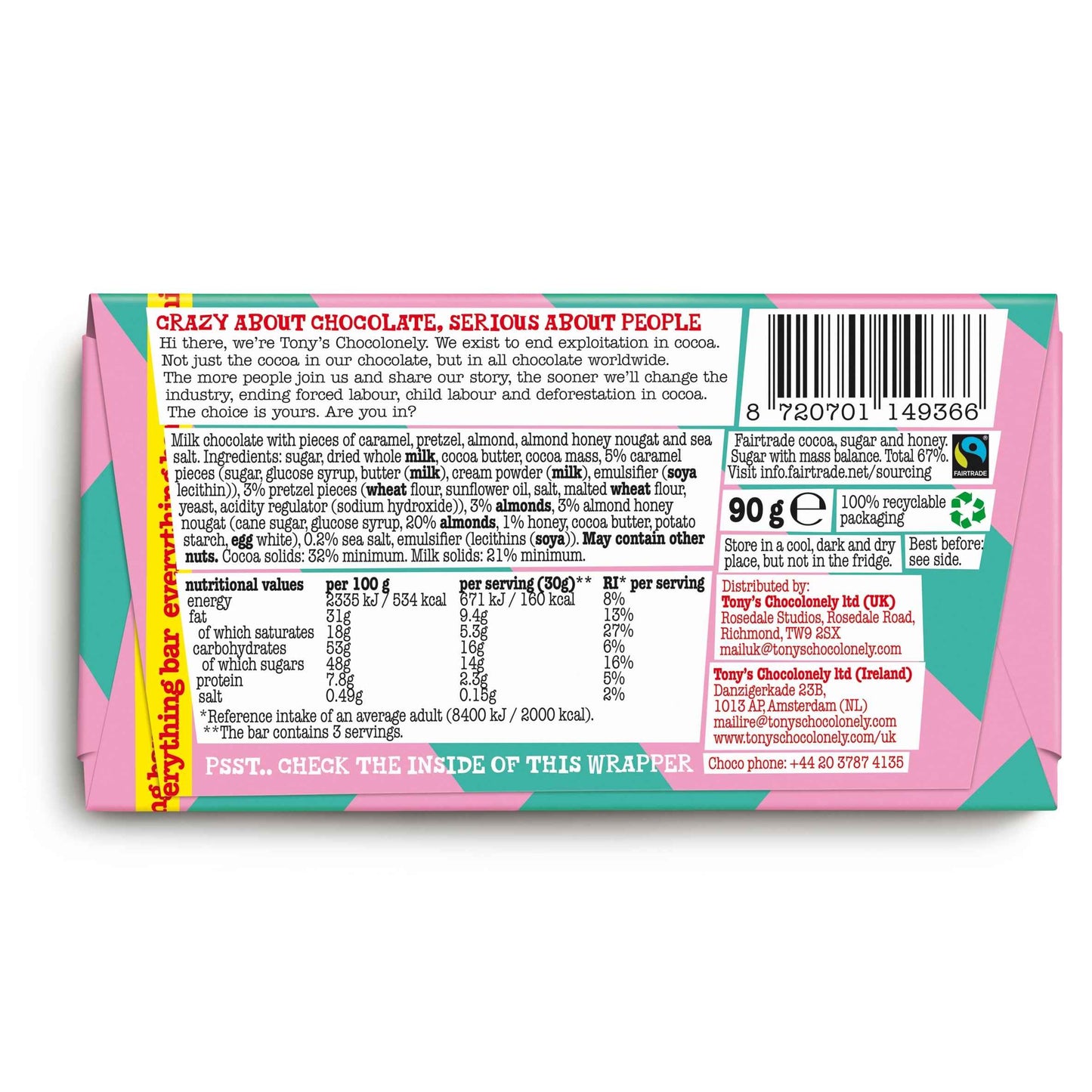TONY'S Chocolonely Milk Chocolate Caramel Pretzel Almond Nougat Sea