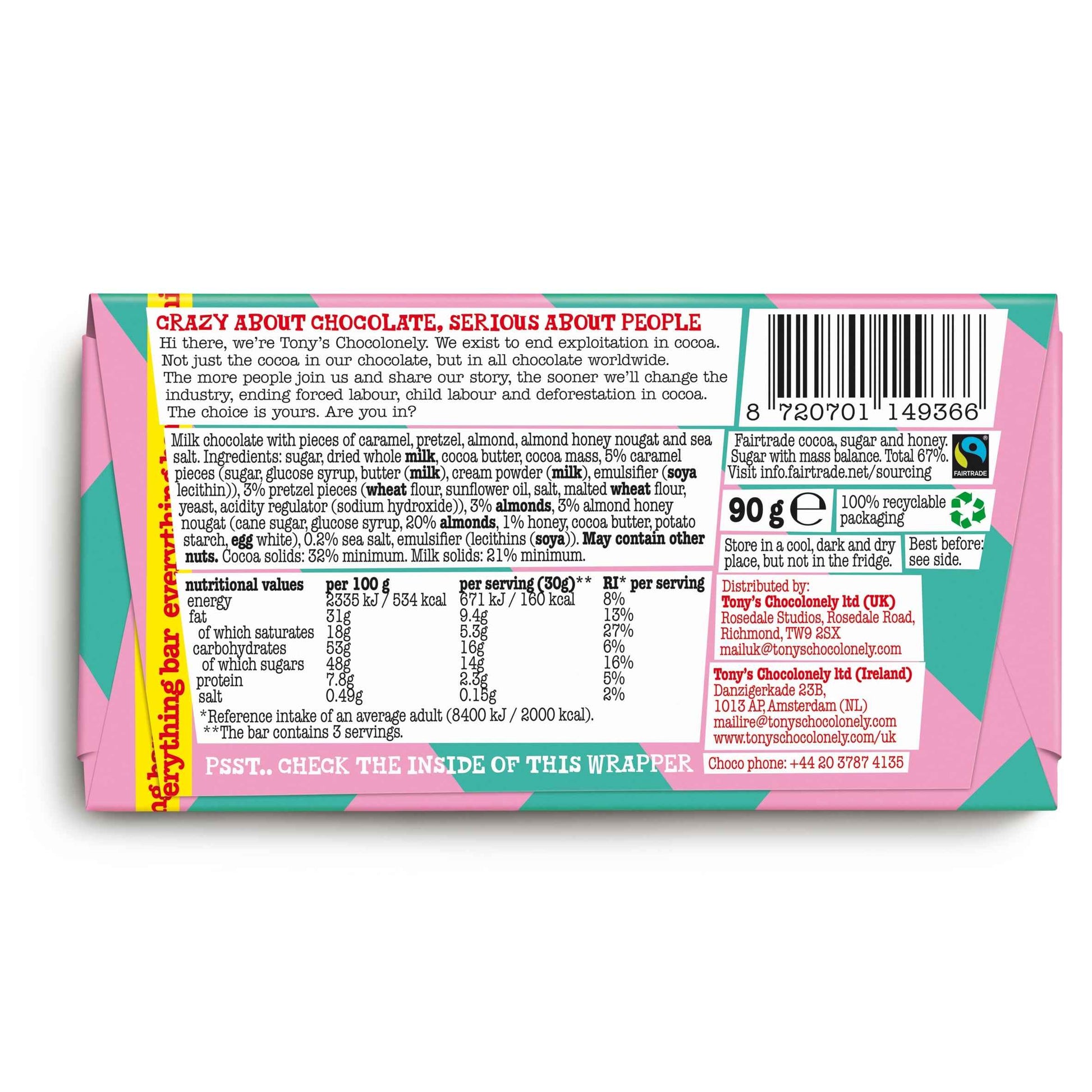 TONY'S Chocolonely Milk Chocolate Caramel Pretzel Almond Nougat Sea