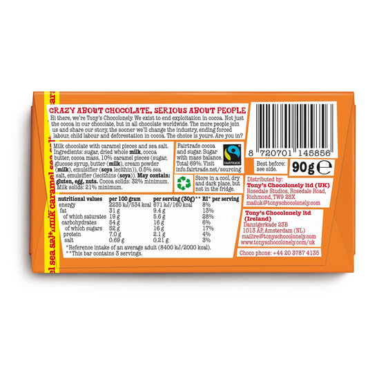 TONY'S Chocolonely Milk Chocolate Caramel Sea Salt 90g 90g pack shot