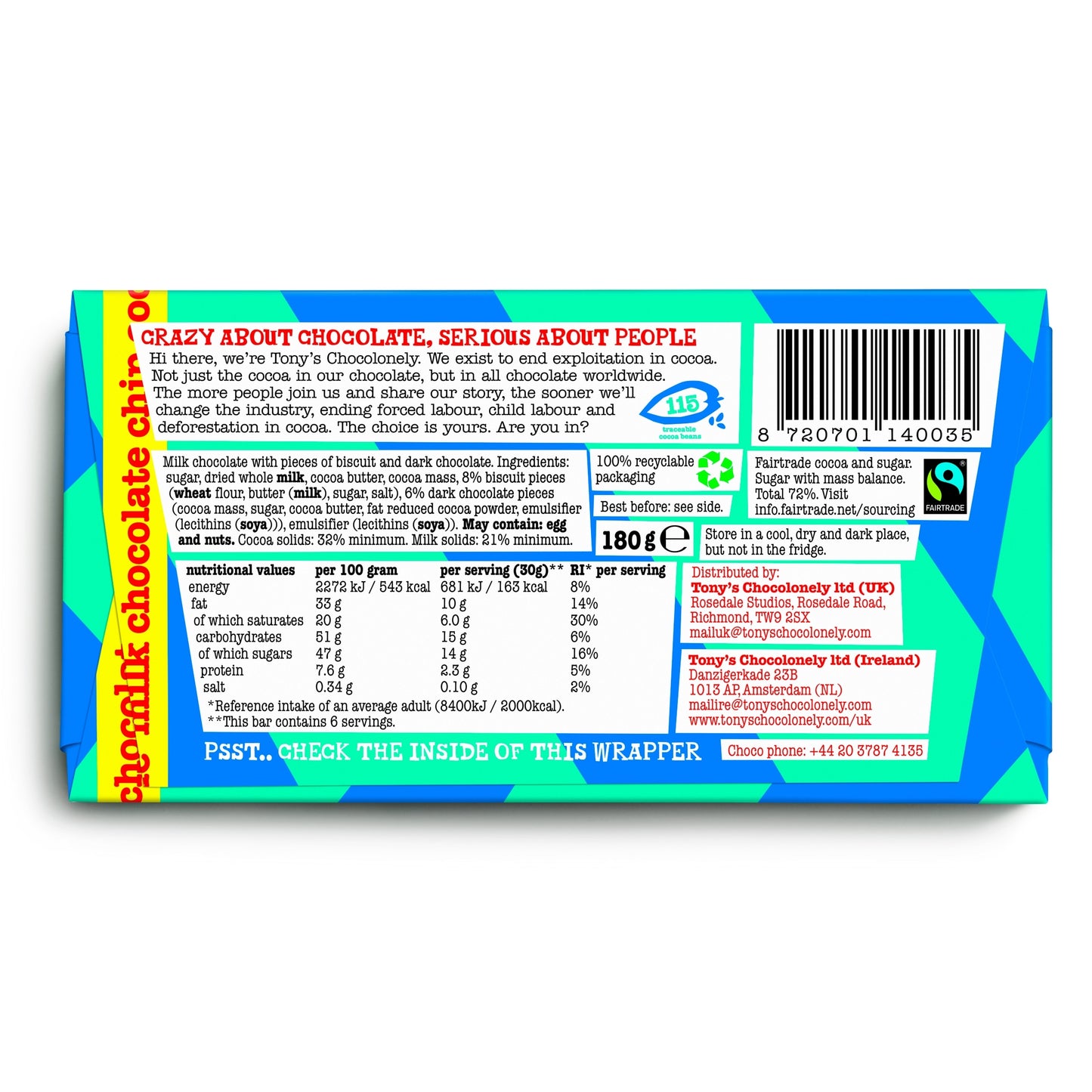 Tony's Chocolonely Milk Chocolate Chip Cookie 180G — image 2