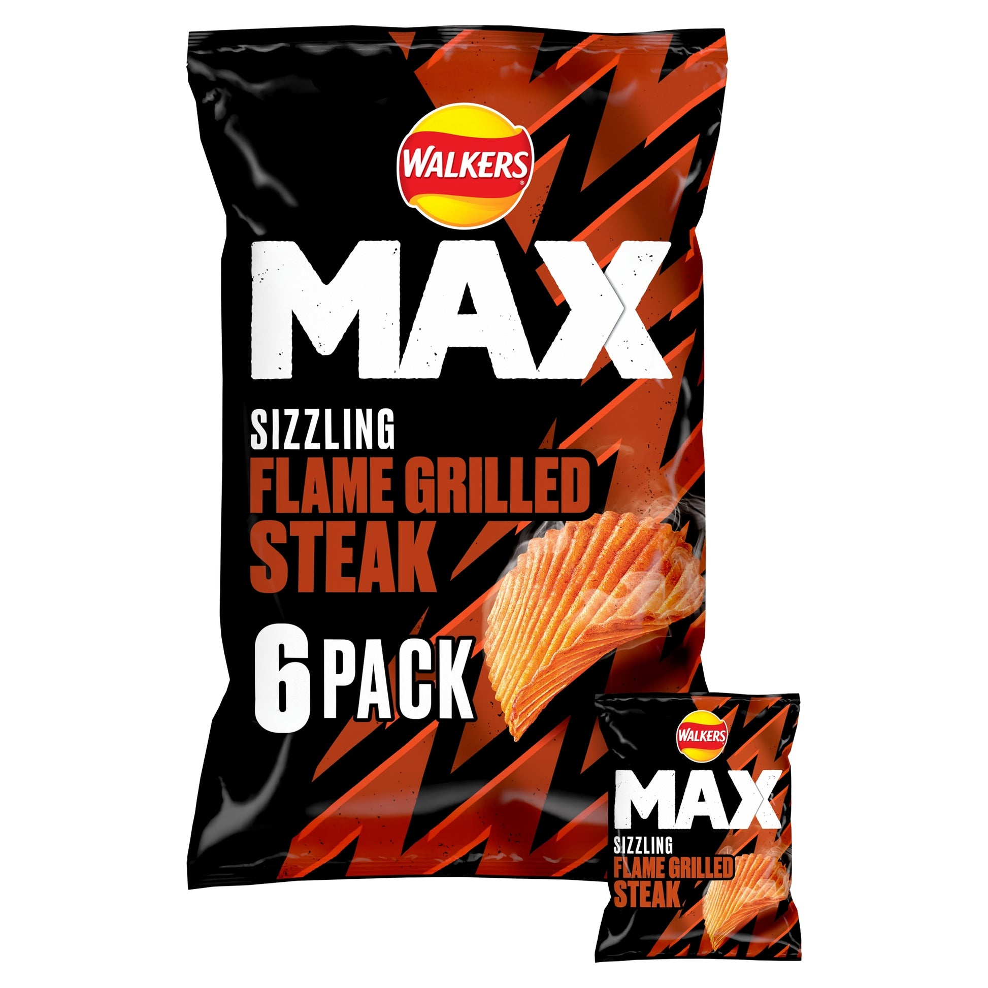 Walkers MAX Sizzling Flame Grilled Steak Crisps 6 x 27g — image 1