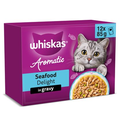 WHISKAS 1+ Aromatic Seafood Delight Selection Wet Cat Food Pouches in Gravy 12x85g — image 1