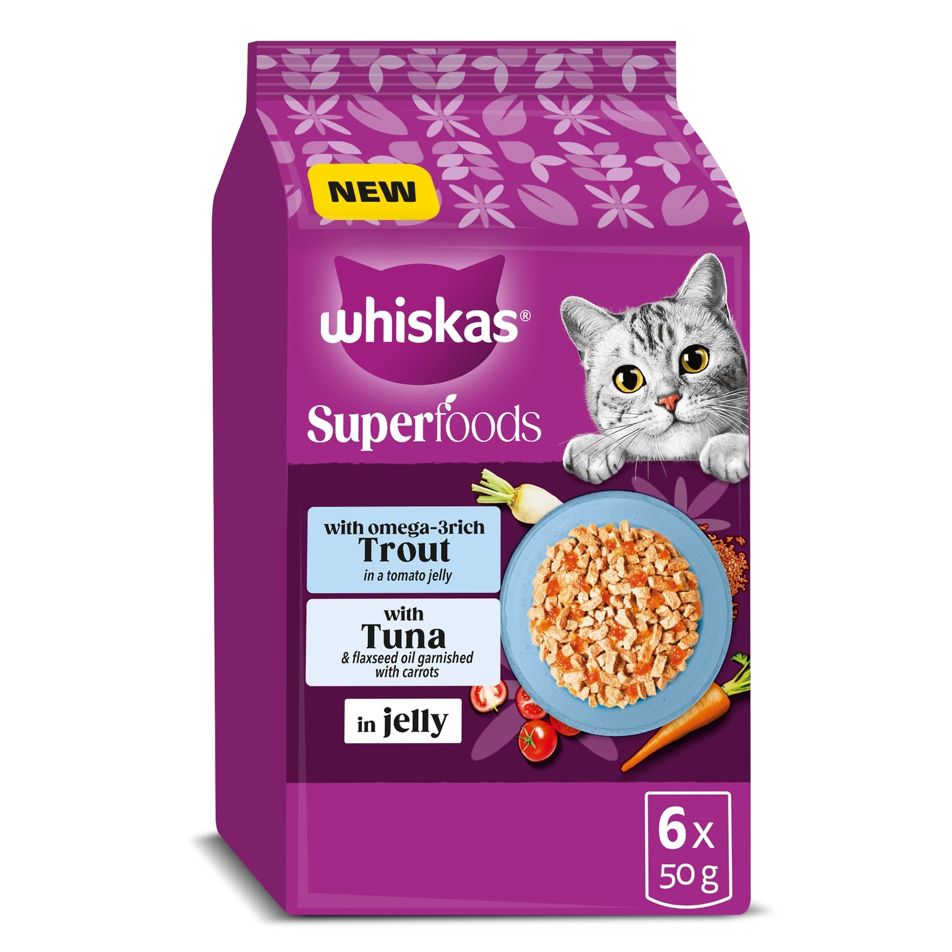 WHISKAS 1+ SUPERFOODS FISH Wet Cat Food Pouches in Jelly 6 x 50g — image 1