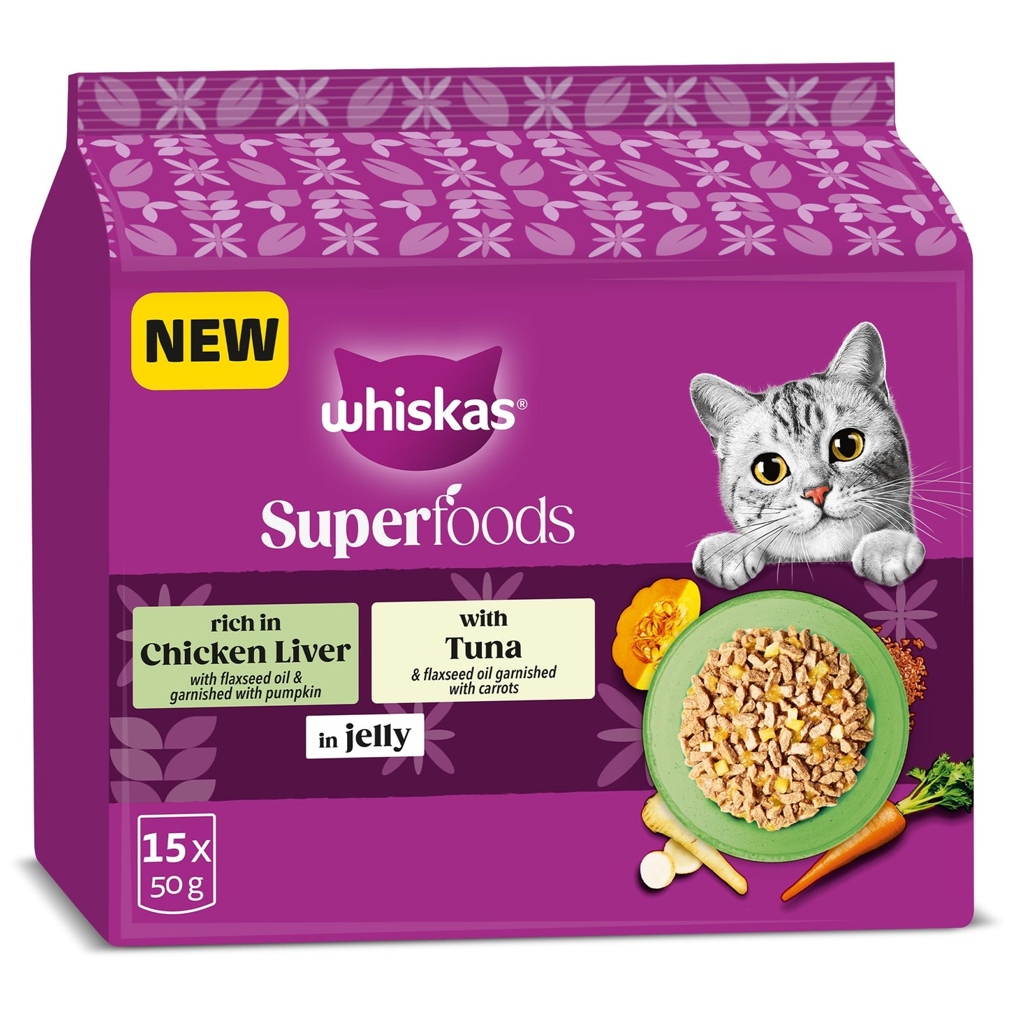 WHISKAS 1+ SUPERFOODS MIXED Selection Wet Cat Food Pouches in Jelly 15 x 50g — image 1