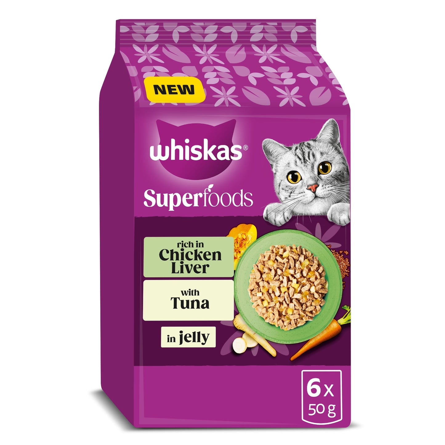 WHISKAS 1+ SUPERFOODS MIXED Selection Wet Cat Food Pouches in Jelly 6x50g — image 1