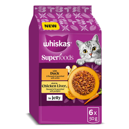 WHISKAS 1+ SUPERFOODS POULTRY Wet Cat Food Pouches in Jelly 6 x 50g — image 1