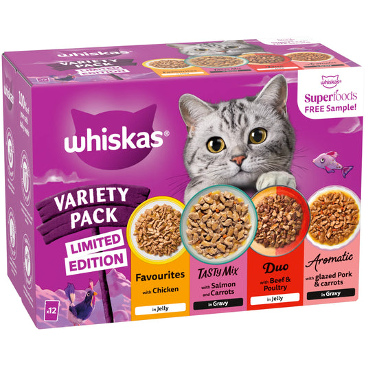 WHISKAS 1+ Wet Cat Food Pouches Variety pack in Gravy and Jelly 12 x 85g — image 1