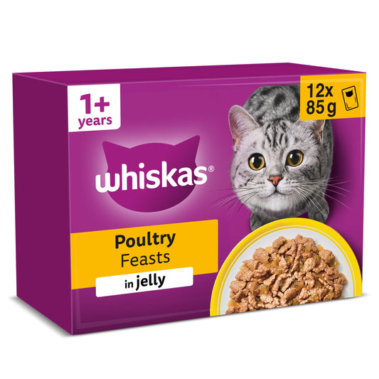 Whiskas Adult Wet Cat Food Pouches Poultry Feasts In Jelly 12x85g — image 1