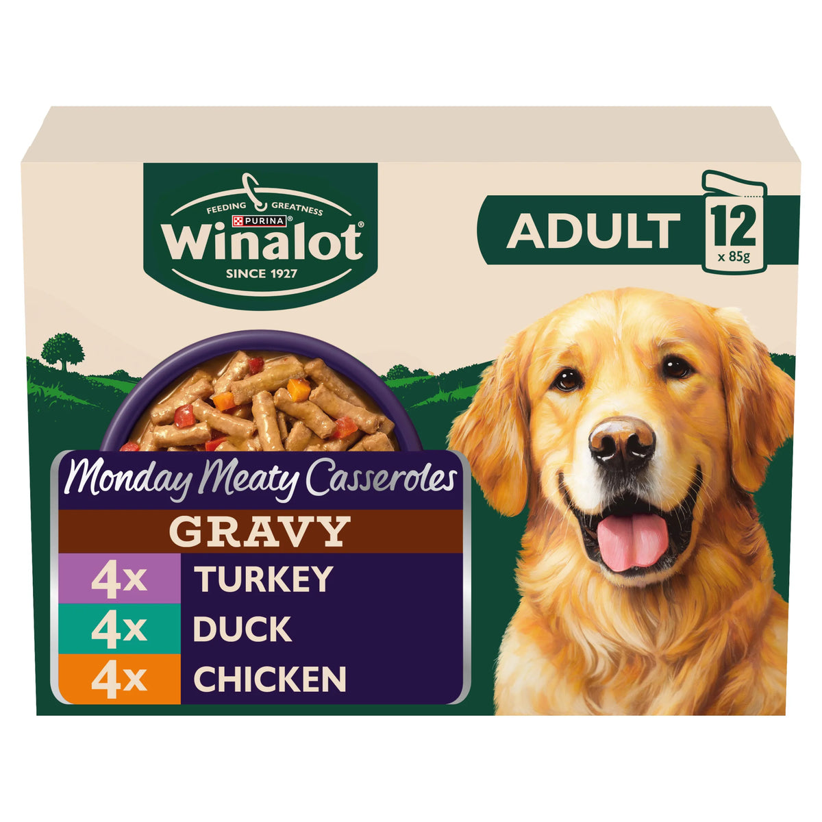 WINALOT Monday Meaty Casseroles Chicken, Turkey, Duck in Gravy Wet Dog Food 12 x 85g — image 1