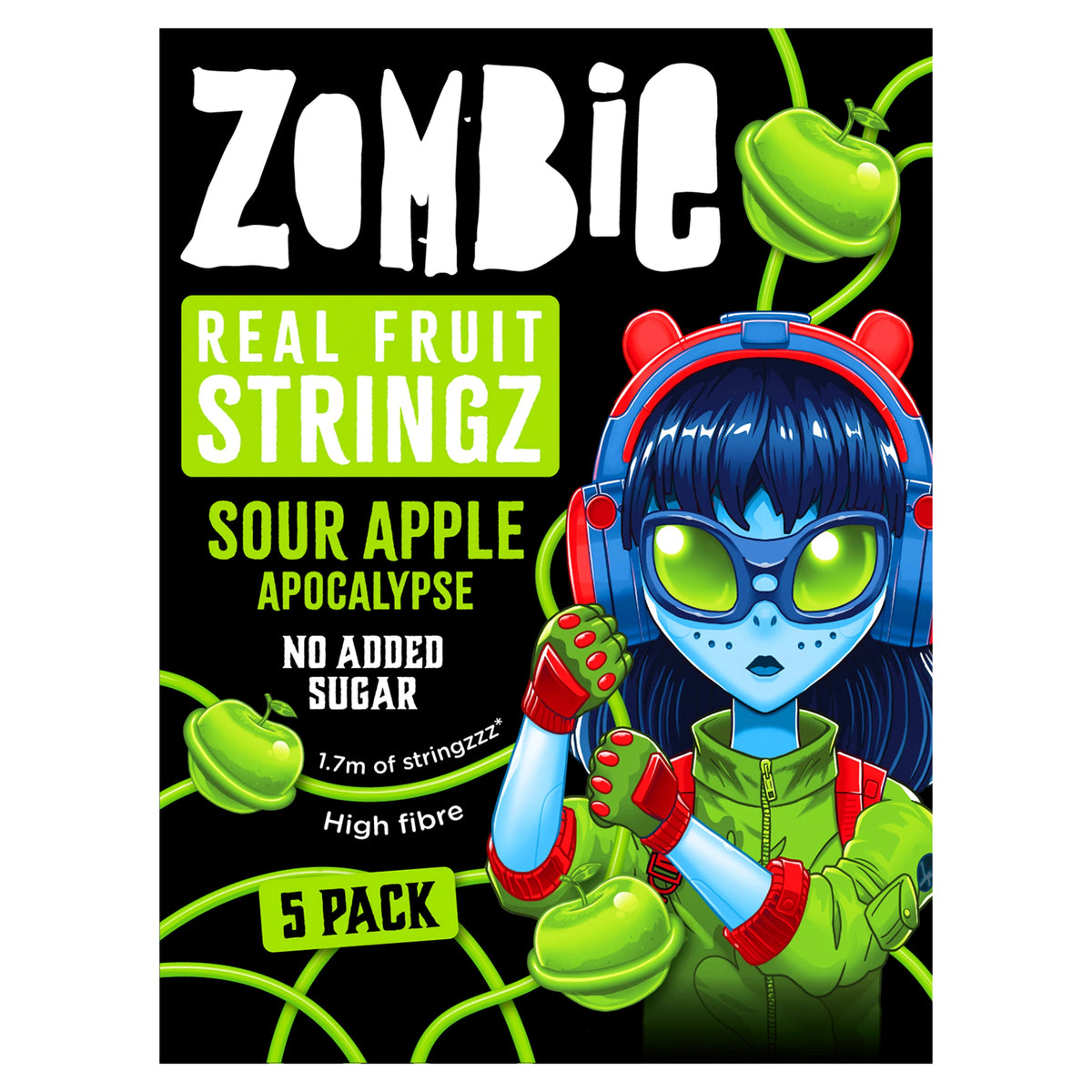Zombie Real Fruit Stringz Sour Apple No Added Sugar 5x20g — image 1